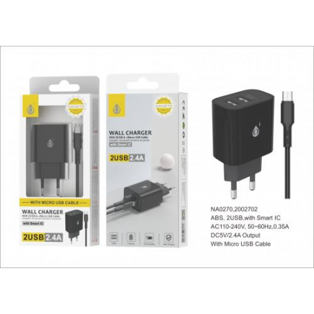 Oplader met micro-USB-kabel - Smart IC - 2.4A - 2 USB-poorten - Zwart - NA0270