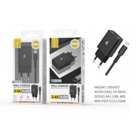 USB Sector Tip + Kabel voor iPhone 5 tot 13 - 2.4A - Zwart - S. Basic-NA0347