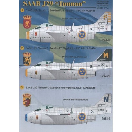 Sticker Saab J-29 'Tunnan' (9) Sweden No 29448 3/P F2 Sqn; No 29478 6/M F6 Sqn; 29549 10/N F10 Sqn; 29920 21/E F21 Sqn; 29438 9/