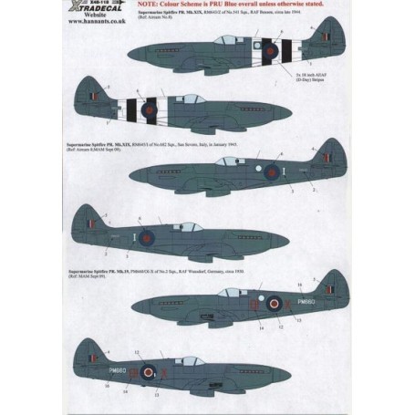 Sticker Supermarine Spitfire PR Mk.XIX (8) RM643/Z 541 Sqn 1944 with D-Day stripes; RM645/I 682 Sqn Italy 1945; PS934 WY-R 541 S