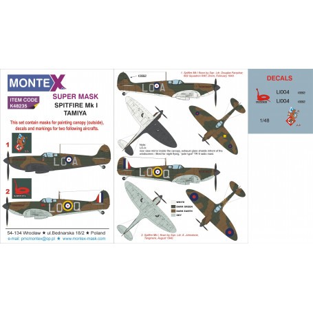 Supermarine Spitfire Mk.I 1 canopy mask (exterior) + 1 insignia masks + decals (designed To Be Farming with Tamiya kits) 